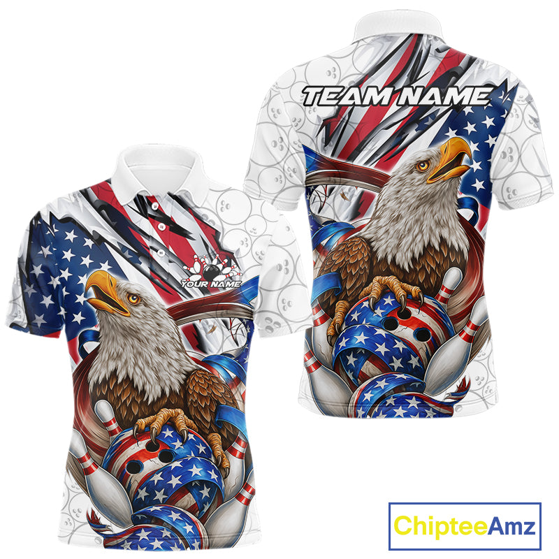 Custom Patriotic US Flag Eagle Bowling Men Shirt, USA Bowling Team League Shirt IPHW10163