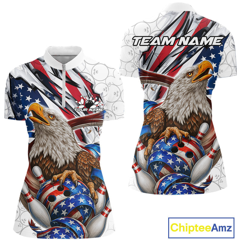 Custom Patriotic US Flag Eagle Bowling Women Shirt, USA Bowling Team League Shirt IPHW10163