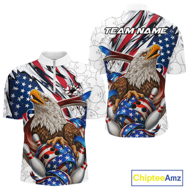 Custom Patriotic US Flag Eagle Bowling Men Shirt, USA Bowling Team League Shirt IPHW10163