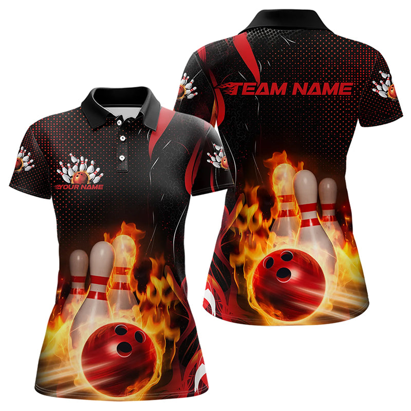 Custom Black And Red Flame Striking Bowling Jerseys, Fire Bowling Polo Shirts For Women IPHW8242