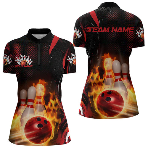 Custom Black And Red Flame Striking Bowling Jerseys, Bowling Quarter-Zip Shirts For Women IPHW8242