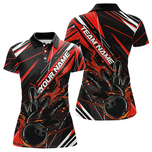 Black And Red Custom Flame Bowling Polo Shirts For Women, Fire Bowling Tournament Jerseys IPHW8247