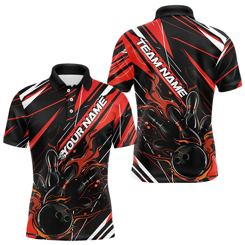 Black And Red Custom Flame Bowling Polo Shirts For Men, Fire Bowling Tournament Jerseys IPHW8247