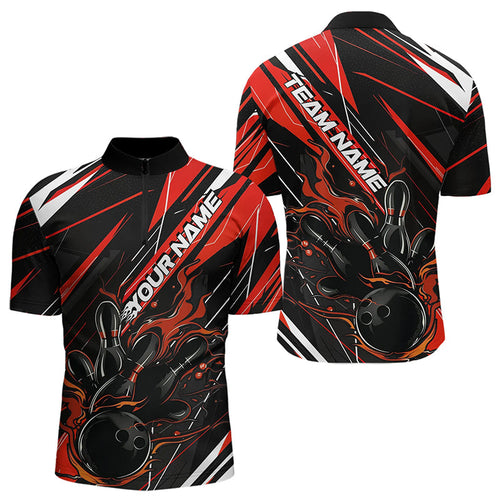 Black And Red Custom Flame Bowling Quarter-Zip Shirts For Men, Fire Bowling Tournament Jerseys IPHW8247