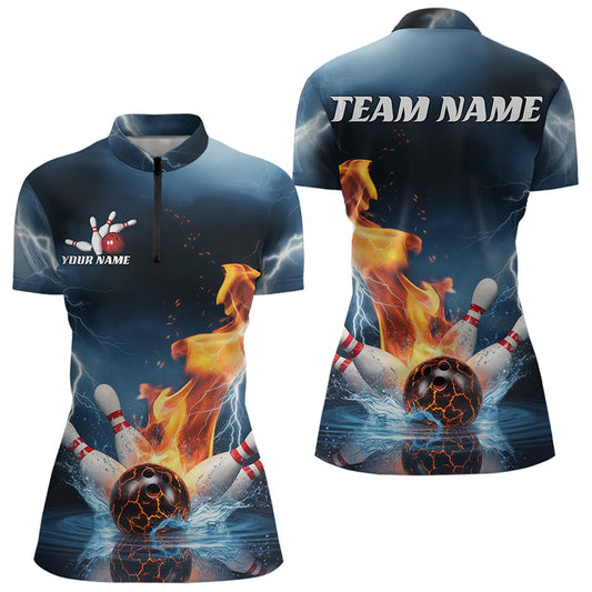 Blue Thunder Lightning Water And Fire Custom Bowling League Quarter-Zip Shirts For Women IPHW8251