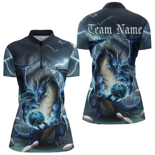 Blue Thunder Lightning Custom Dragon Ladies Bowling Quarter-Zip Shirt, Bowling Team Uniform IPHW8253