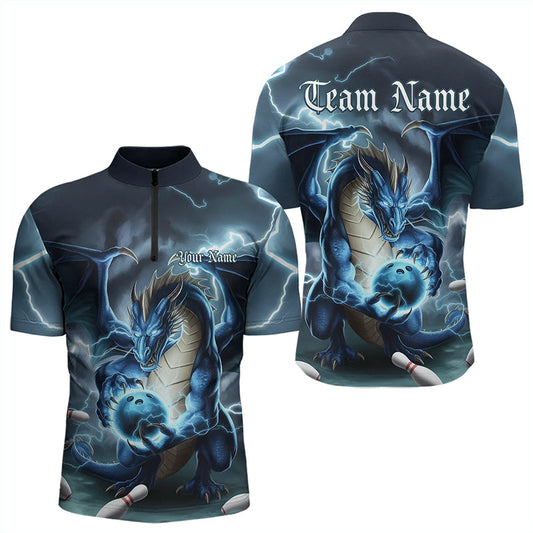 Blue Thunder Lightning Custom Dragon Bowling Quarter-Zip Shirts For Men, Bowling Team Uniform IPHW8253
