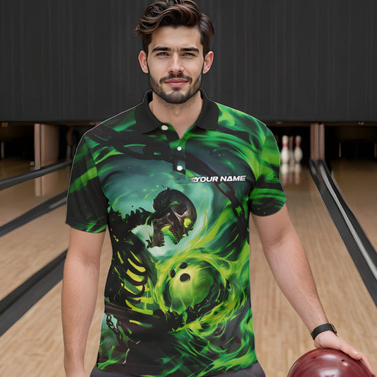 Custom Green Flame Skull Bowling Polo Shirts For Men, Bowling Tournament Bowling Team Shirt IPHW8467