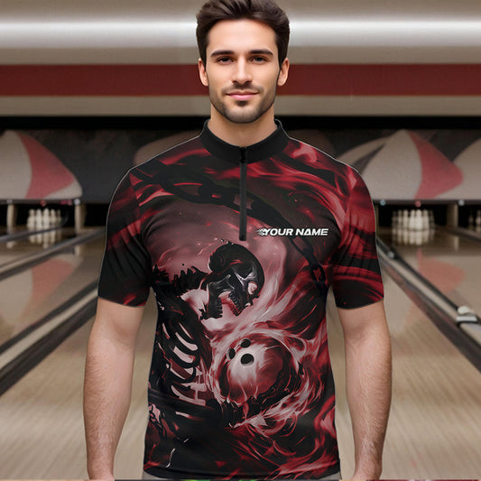Custom Red Flame Skull Bowling Quarter-Zip Shirts For Men, Bowling Tournament Bowling Team Shirt IPHW8469