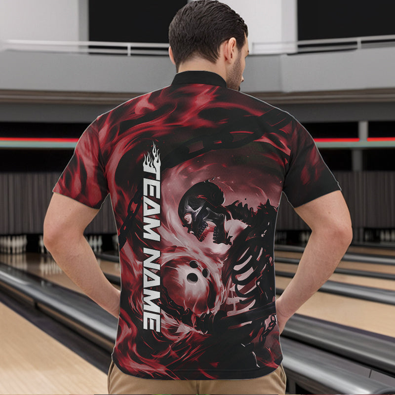Custom Red Flame Skull Bowling Quarter-Zip Shirts For Men, Bowling Tournament Bowling Team Shirt IPHW8469