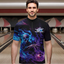 Load image into Gallery viewer, Custom Blue And Purple Flame Skull Bowling Quarter-Zip Shirts For Men, Fire Bowling Team Shirts IPHW8473