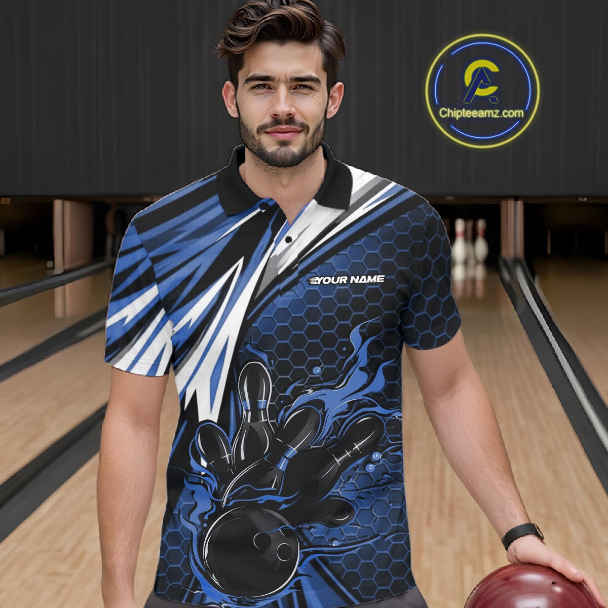 Custom Blue Flame Bowling Jerseys For Men, Hexagon Bowling Team Tournament Shirt IPHW10557