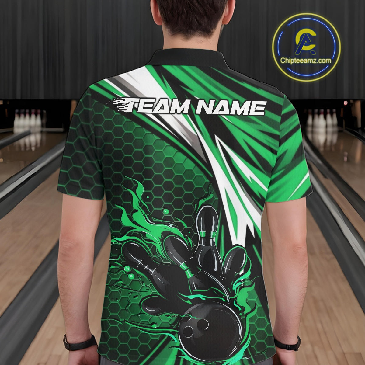 Custom Green Flame Bowling Jerseys For Men, Hexagon Bowling Team Tournament Shirt IPHW10558