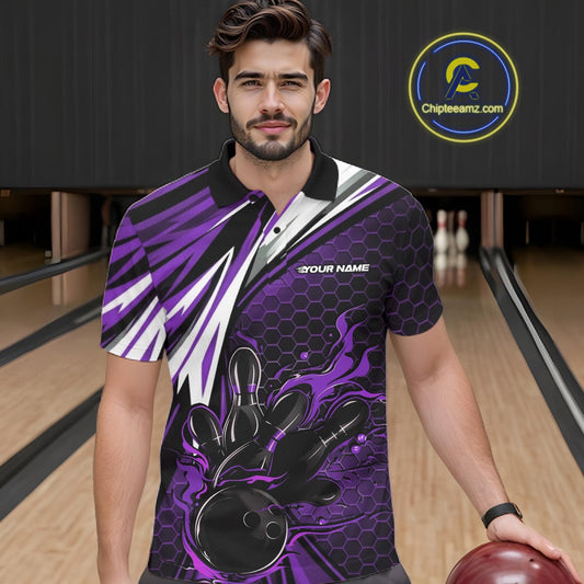 Custom Purple Flame Bowling Jerseys For Men, Hexagon Bowling Team Tournament Shirt IPHW10559