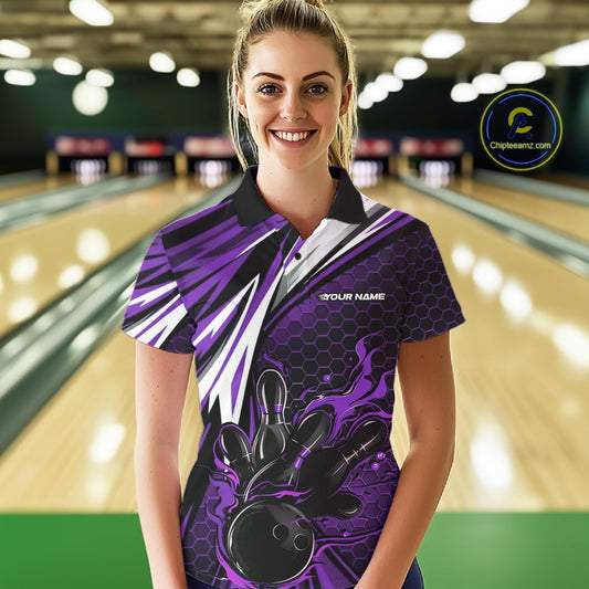 Custom Purple Flame Bowling Jerseys For Women, Hexagon Bowling Team Tournament Shirt IPHW10559