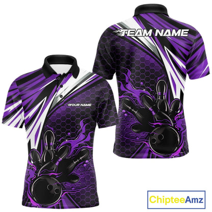 Custom Purple Flame Bowling Jerseys For Men, Hexagon Bowling Team Tournament Shirt IPHW10559