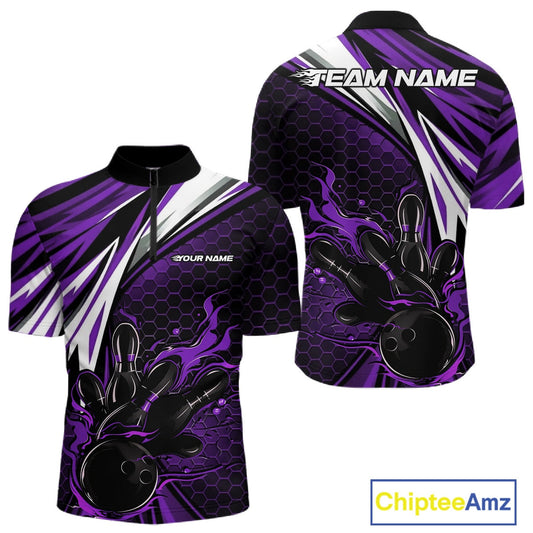 Custom Purple Flame Bowling Jerseys For Men, Hexagon Bowling Team Tournament Shirt IPHW10559