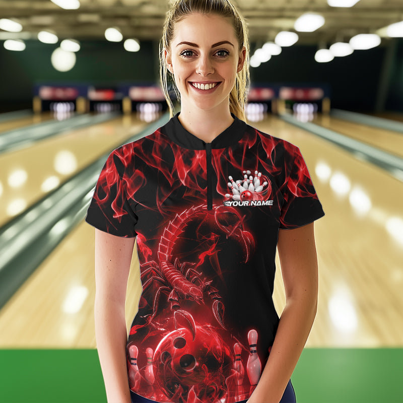 Custom Black Red Flame Scorpion Zodiac Bowling Women Quarter-Zip Shirt Bowler Outfit IPHW8973