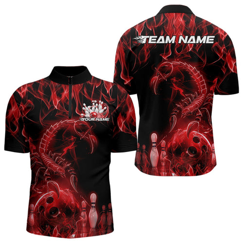 Custom Black And Red Flame Scorpio Zodiac Bowling Men Quarter-Zip Shirts, Scorpion Bowler Outfit IPHW8973