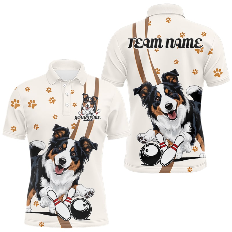 Custom Funny Border Collie Dog Bowling Men Polo Shirts, Dog Paw Print Bowler Outfit IPHW8974