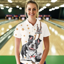Load image into Gallery viewer, Custom Funny French Bulldog Bowling Women Polo Shirts, Dog Paw Print Bowler Outfit IPHW8975