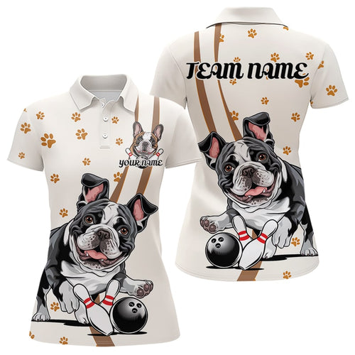 Custom Funny French Bulldog Bowling Women Polo Shirts, Dog Paw Print Bowler Outfit IPHW8975