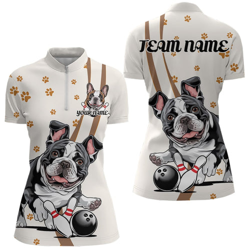 Custom Funny French Bulldog Bowling Women Quarter-Zip Shirts, Dog Paw Print Bowler Outfit IPHW8975