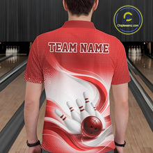 Load image into Gallery viewer, Back view of a male model wearing a white and red bowling polo shirt with elegant wave graphics and bowling pin artwork