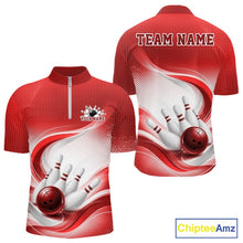 Load image into Gallery viewer, Front and back mockup of a mens white and red bowling quarter-zip showcasing wave-inspired artwork and bowling action details