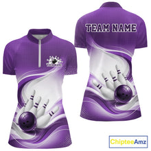 Load image into Gallery viewer, Front and back view of a womens white and purple bowling quarter-zip mockup with flowing abstract artwork and bowling action imagery