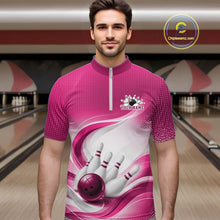 Load image into Gallery viewer, Male model wearing a white and pink bowling quarter-zip shirt with curved wave artwork and a bowling ball crashing into pins