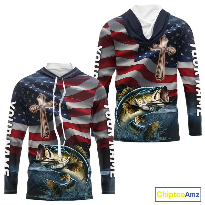 Custom American Flag Cross Faith Largemouth Bass Long Sleeve Hooded Tournament Fishing Shirt IPHW9201