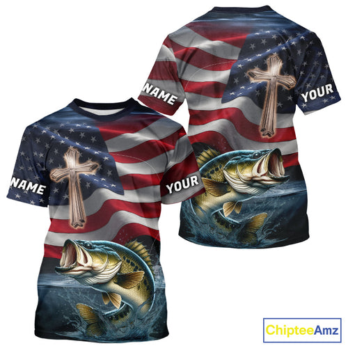 Custom American Flag Cross Faith Largemouth Bass Tournament Fishing T-Shirt IPHW9201
