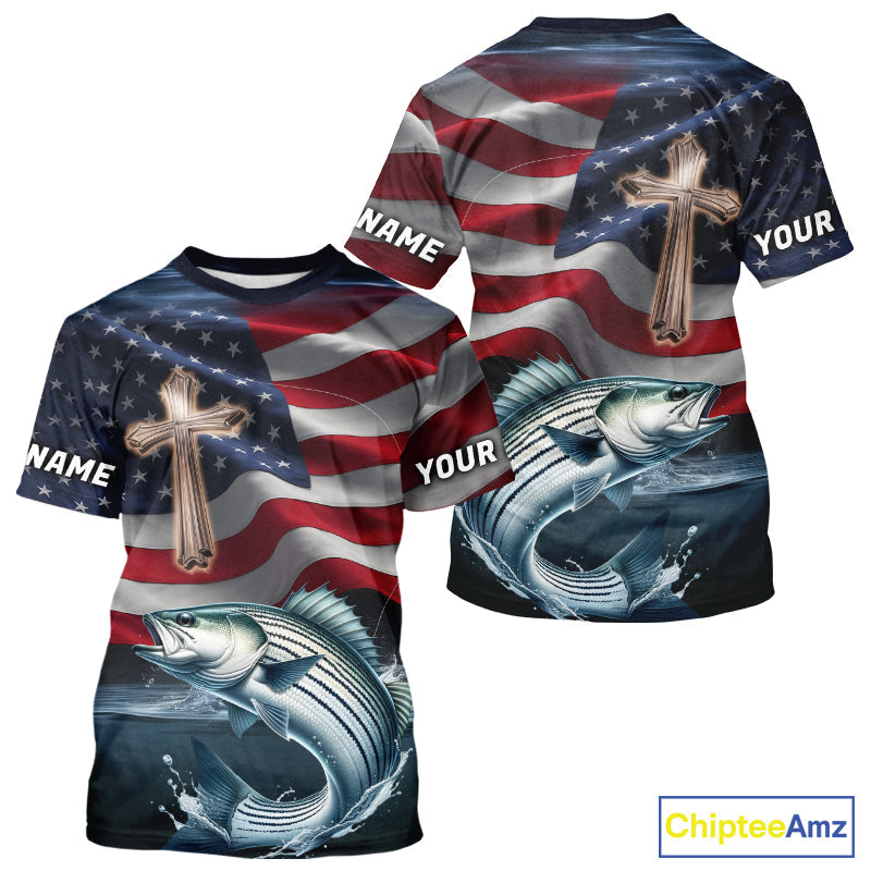 Custom American Flag Cross Faith Striped Bass Tournament Fishing T-Shirt IPHW9202