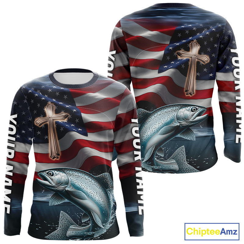Custom American Flag Cross Faith Chinook King Salmon Long Sleeve Tournament Fishing Shirt IPHW9203