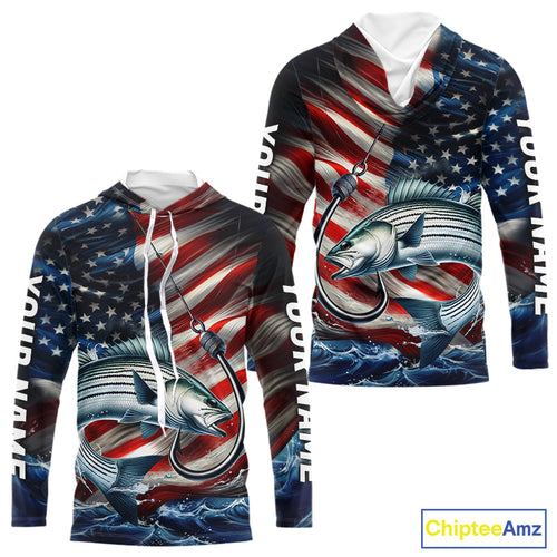 Custom Patriotic Striped Bass Long Sleeve Hooded Fishing Shirts, US Flag Fish Hook Striper Jerseys IPHW9209