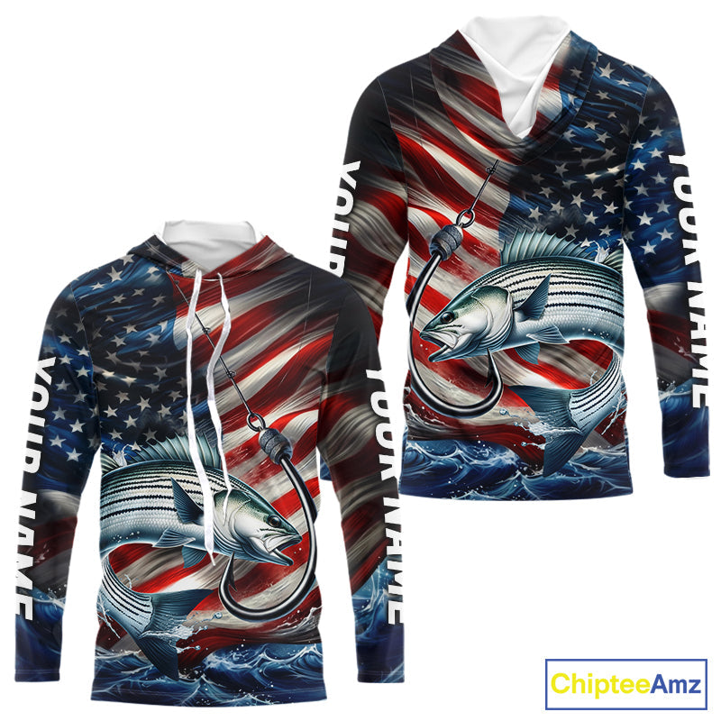 Custom Patriotic Striped Bass Long Sleeve Hooded Fishing Shirts, US Flag Fish Hook Striper Jerseys IPHW9209