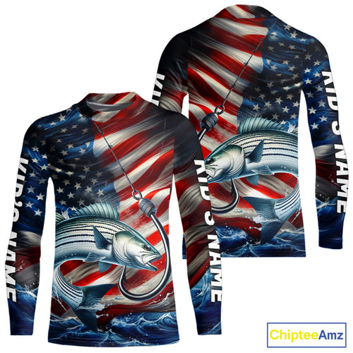 Custom Patriotic Striped Bass Kid Long Sleeve Fishing Shirts, US Flag Fish Hook Striper Jerseys IPHW9209