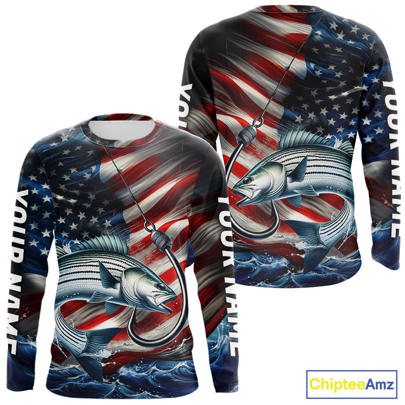 Custom Patriotic Striped Bass Long Sleeve Fishing Shirts, US Flag Fish Hook Striper Jerseys IPHW9209