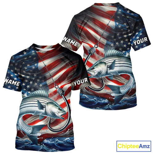Custom Patriotic Striped Bass Fishing T-Shirts, US Flag Fish Hook Striper Jerseys IPHW9209