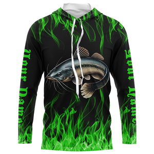 Catfish Fishing Custom Long Sleeve Fishing Shirts, Green Flame Catfish Fishing Tournament Shirt IPHW7018