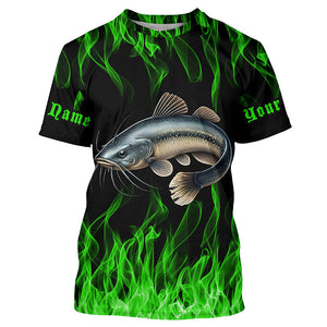 Catfish Fishing Custom Long Sleeve Fishing Shirts, Green Flame Catfish Fishing Tournament Shirt IPHW7018