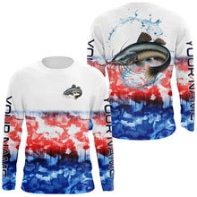 Load image into Gallery viewer, Red White And Blue Tie Dye Background Custom Patriotic Catfish Long Sleeve Fishing Shirts IPHW7019