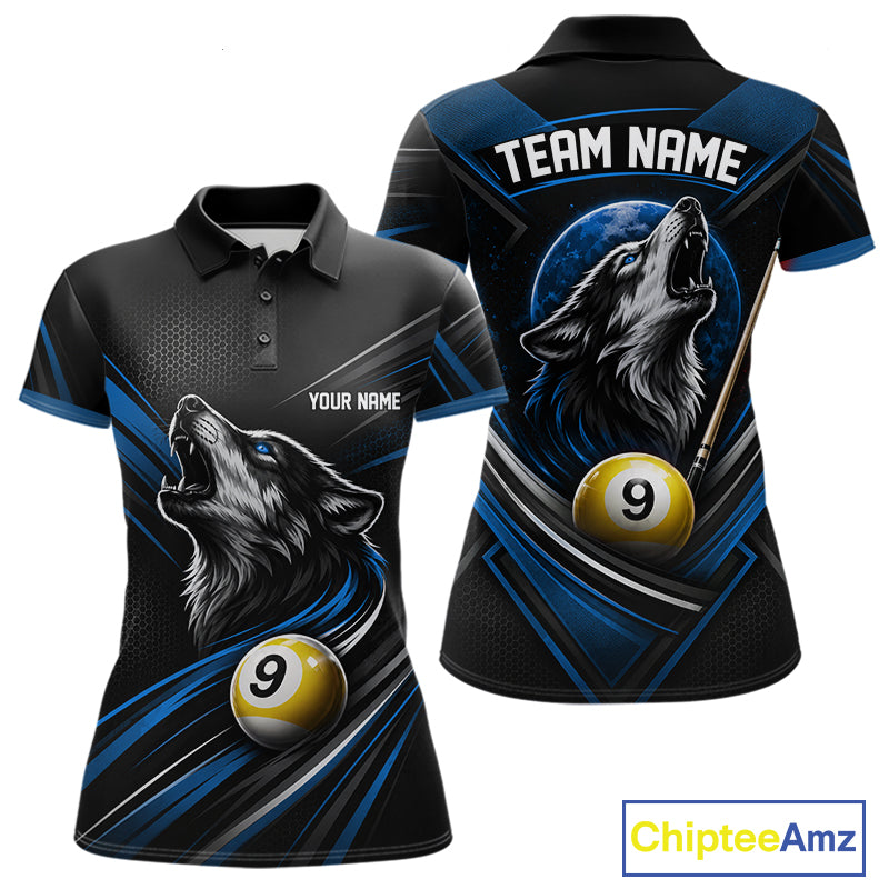 Custom Black And Blue Wolf 9 Ball Billiards Women Polo Shirt, Billiards Team Jersey IPHW11673