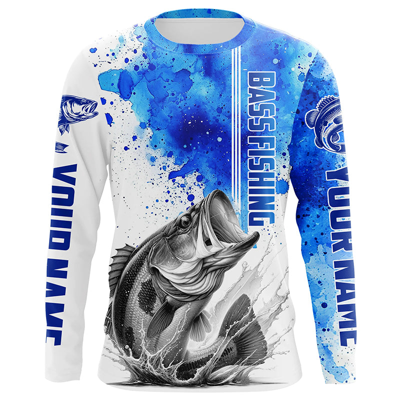 Bass Fishing Watercolor Custom Long Sleeve Performance Fishing Shirts, Bass Fishing Jerseys | Blue IPHW5806