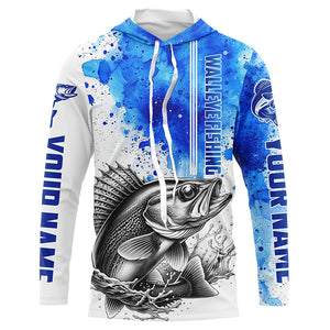 Walleye Fishing Watercolor Custom Long Sleeve Fishing Shirts, Walleye Fishing Jerseys | Blue IPHW5807