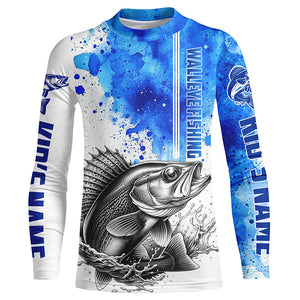 Walleye Fishing Watercolor Custom Long Sleeve Fishing Shirts, Walleye Fishing Jerseys | Blue IPHW5807