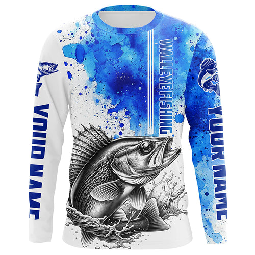 Walleye Fishing Watercolor Custom Long Sleeve Fishing Shirts, Walleye Fishing Jerseys | Blue IPHW5807