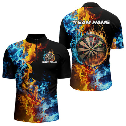 Custom Blue And Orange Flame Dart Quarter-Zip Shirts For Men, Fire Dart Jerseys Dart Team Shirt IPHW8492