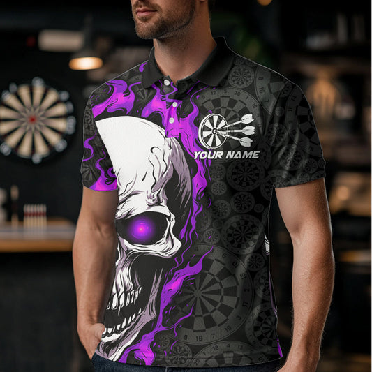 Black And Purple Flame Skull Custom Dart Polo Shirts For Men, Fire Dart Team Jerseys IPHW8497